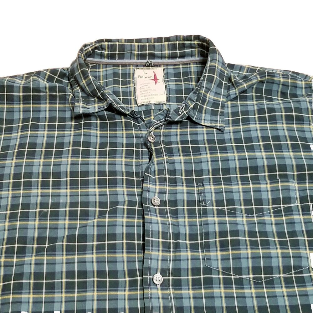 Relwen Shirt Men's Size Large Blue Yellow White Plaid Long Sleeve Lightweight